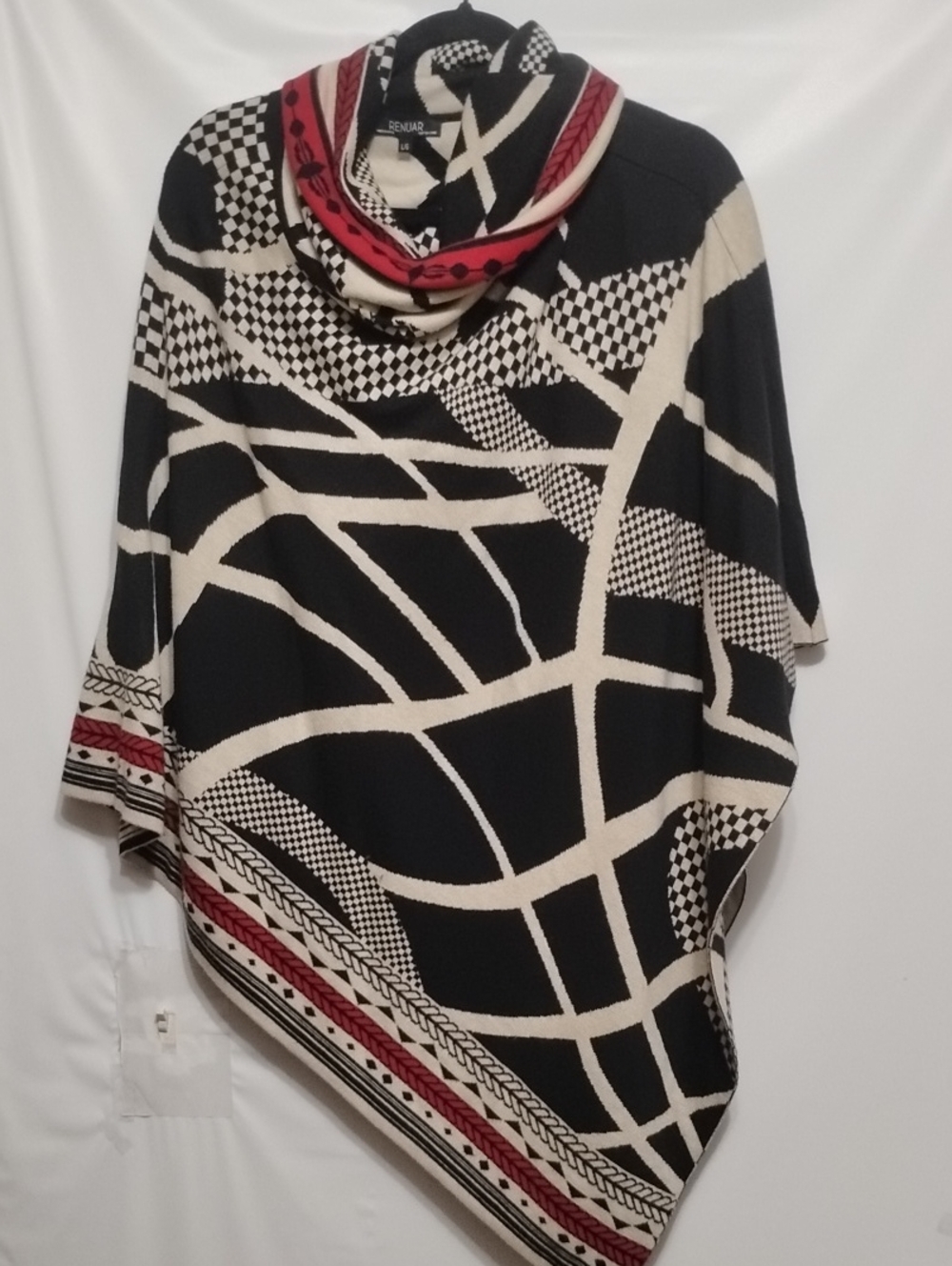 Renuar Asymmetric Bold Abstract Black, Cream & Red Cowl-Neck Poncho Sweater